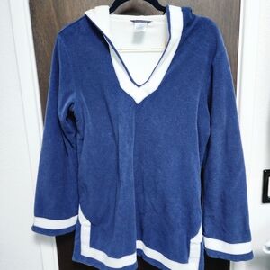 HEAVY unisex Reversible Blue & White Hooded Lands End Pullover S